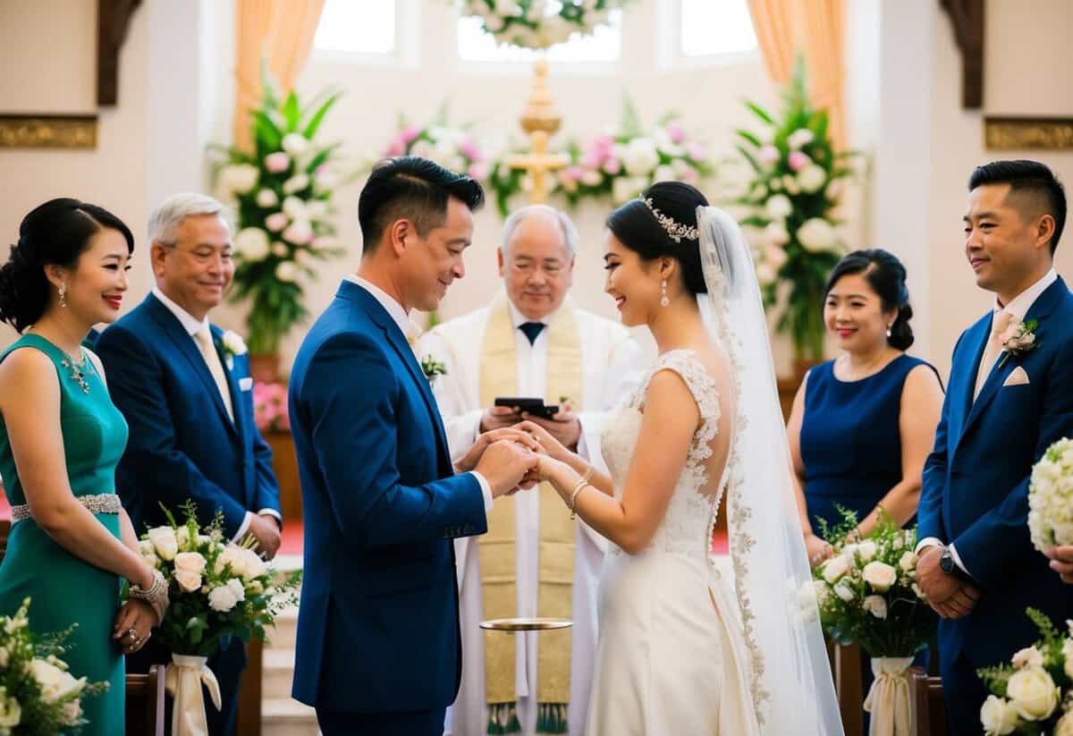 A bride and groom exchange rings at the altar while surrounded by family and friends. Flowers and decorations adorn the traditional wedding venue