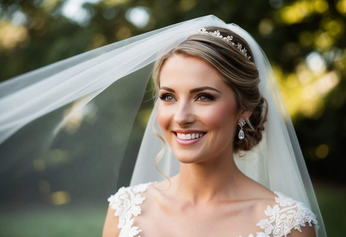 A gentle breeze lifts the bride's veil, revealing her radiant smile