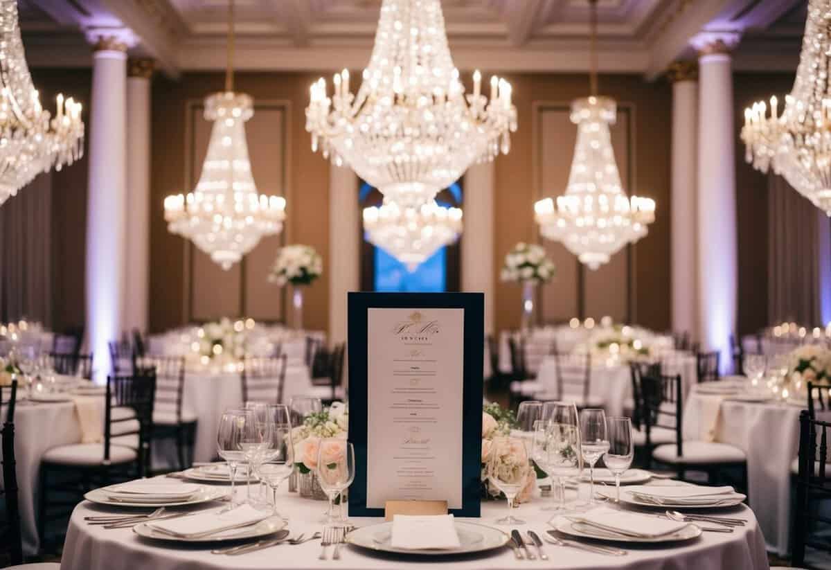 A grand ballroom with crystal chandeliers and elegant table settings, showcasing a menu of gourmet cuisine and fine wines