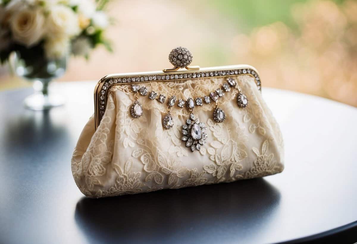 A delicate clutch sits on a table, adorned with elegant lace and shimmering jewels, ready to be carried by the mother of the bride