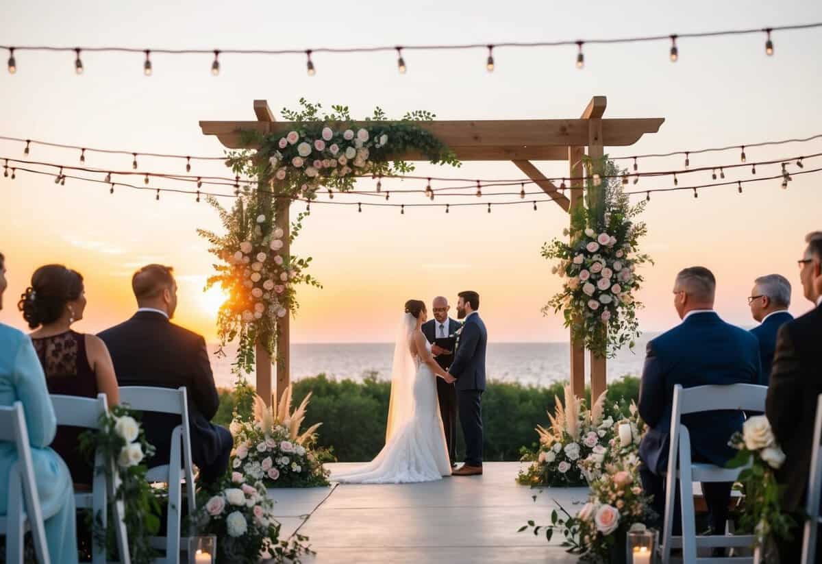 A beautiful outdoor wedding ceremony with string lights, floral arrangements, and a stunning sunset backdrop