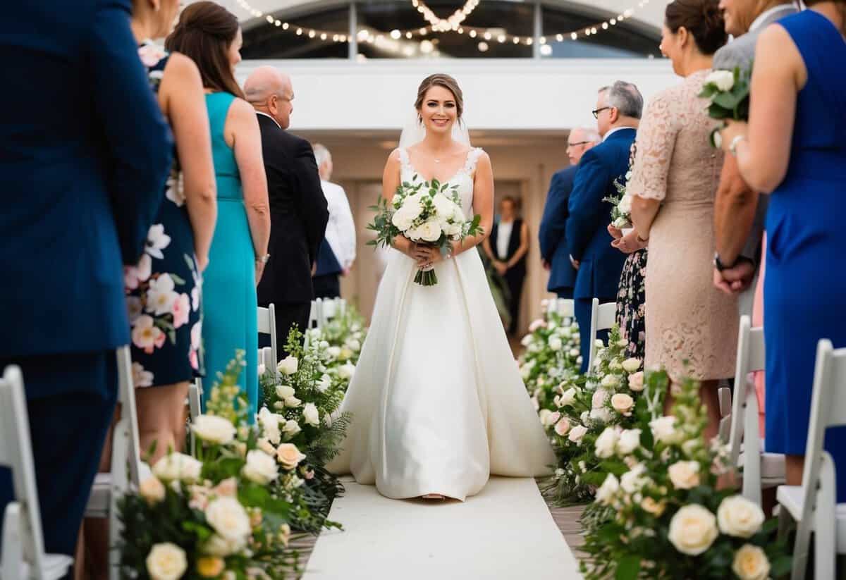 A bride walks down the aisle in a white gown, surrounded by flowers and soft lighting