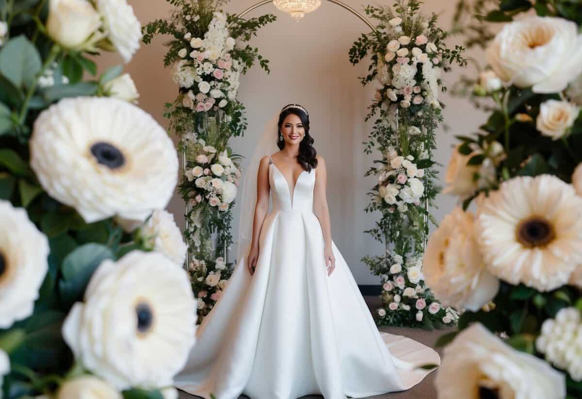 A bride in a modern, white wedding gown surrounded by floral arrangements and elegant decor