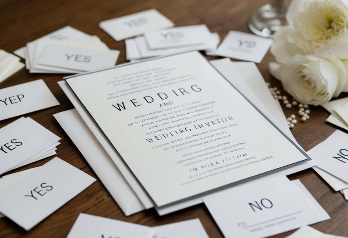 A wedding invitation surrounded by a pile of RSVP cards, with some marked "yes" and others marked "no."