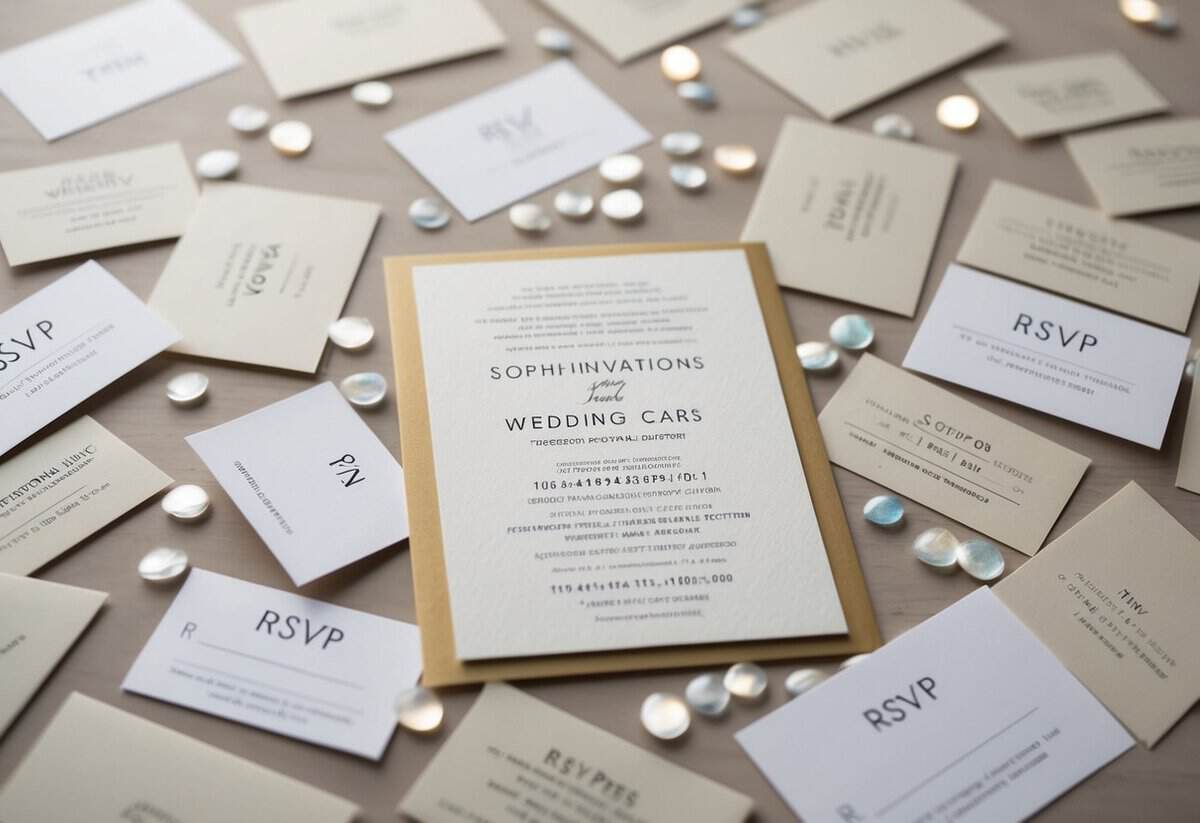 A wedding invitation surrounded by a scattering of RSVP cards, some filled out and returned, others still blank and waiting
