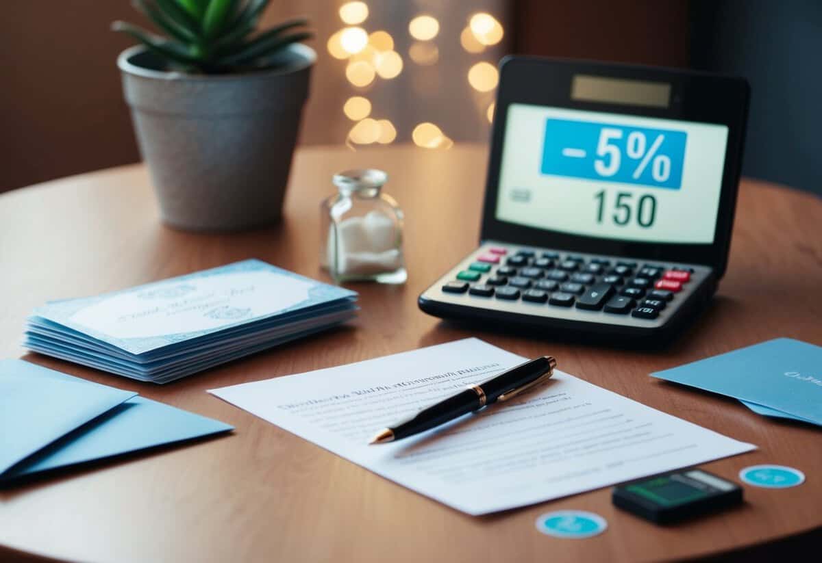 A table with a pen and paper, surrounded by a stack of invitation cards and a calculator, with a percentage calculation displayed on the screen