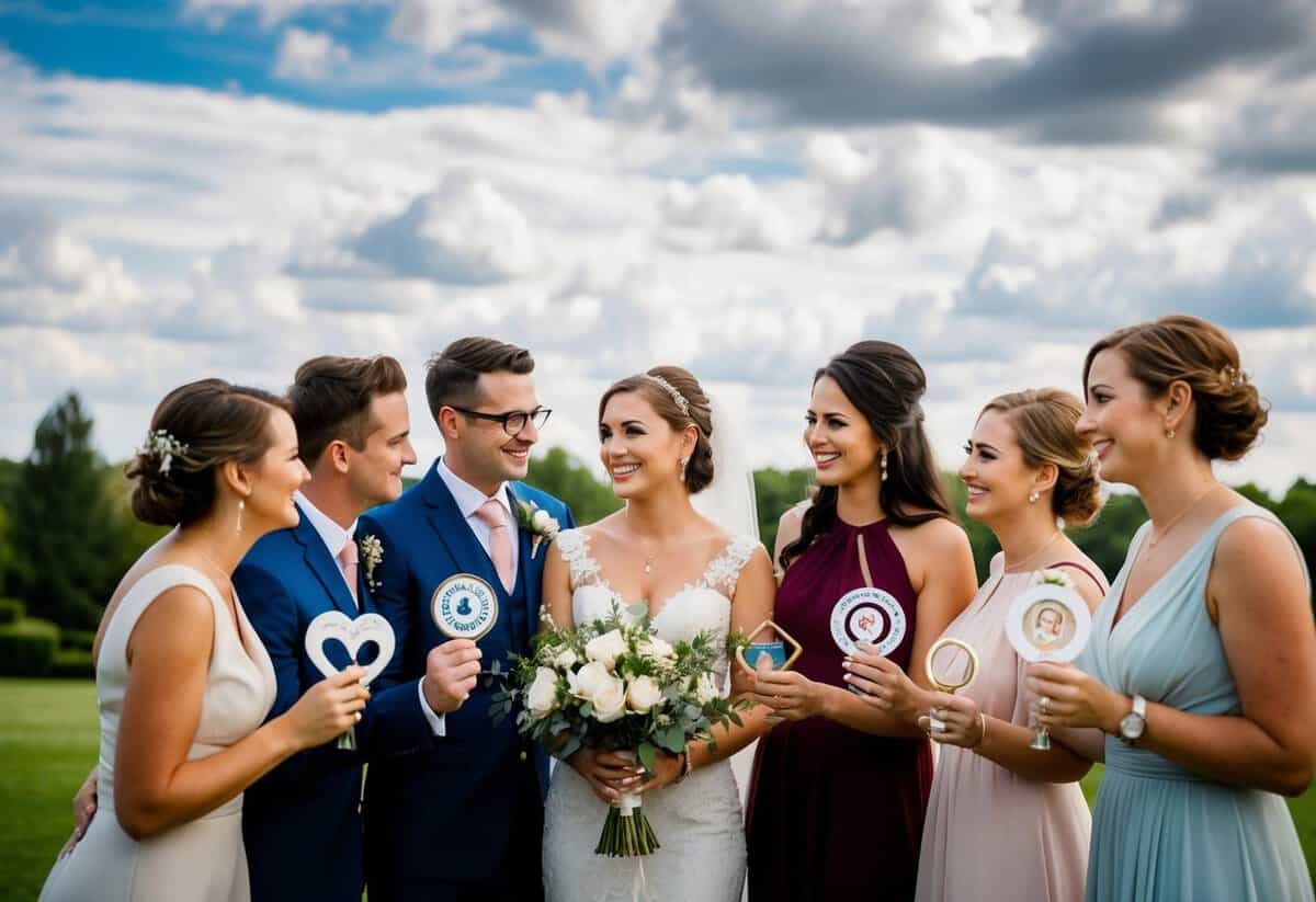 A group of friends gather around the bride, each holding a meaningful object or symbol to represent their honorary roles in the wedding