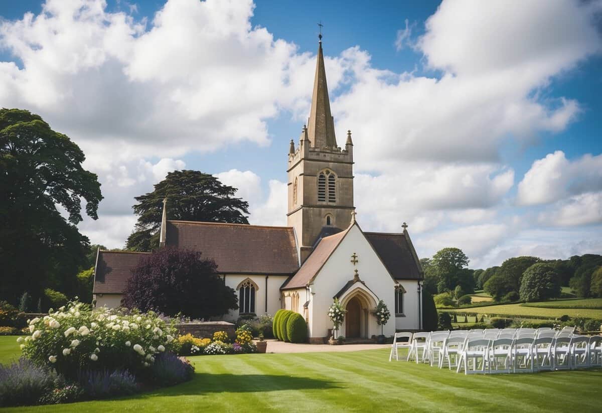 A traditional UK wedding: a picturesque church with a steeple, adorned with flowers and ribbons, surrounded by lush green countryside