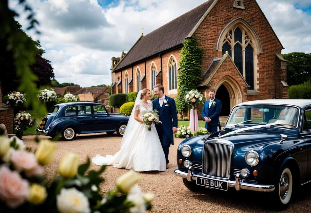 A traditional UK wedding: a picturesque church ceremony with a white gown, floral decorations, and a classic car waiting outside