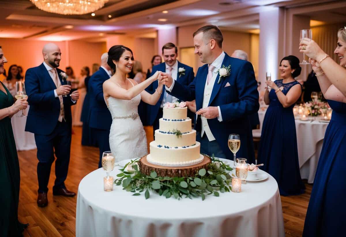 A traditional UK wedding reception with dancing, toasting, and cake cutting
