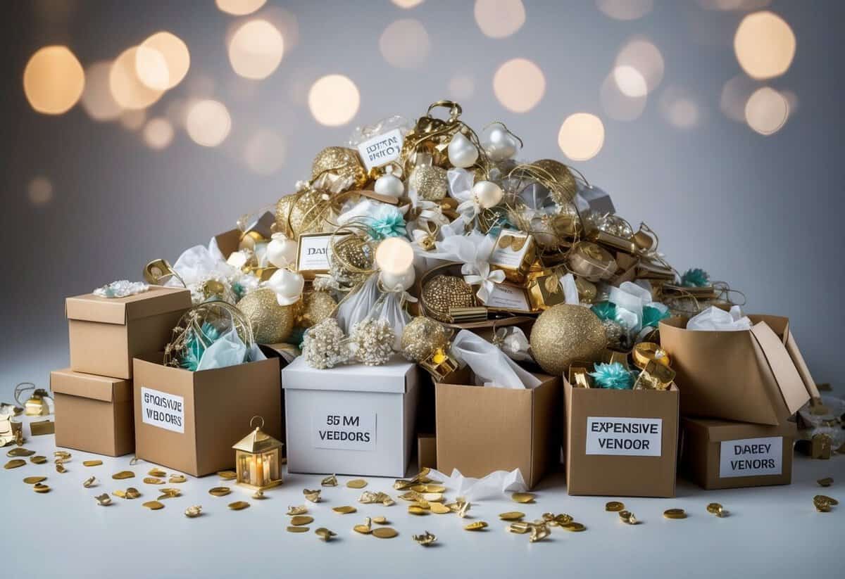A pile of discarded wedding decorations and unused favors, surrounded by empty boxes and bags labeled with the names of expensive vendors