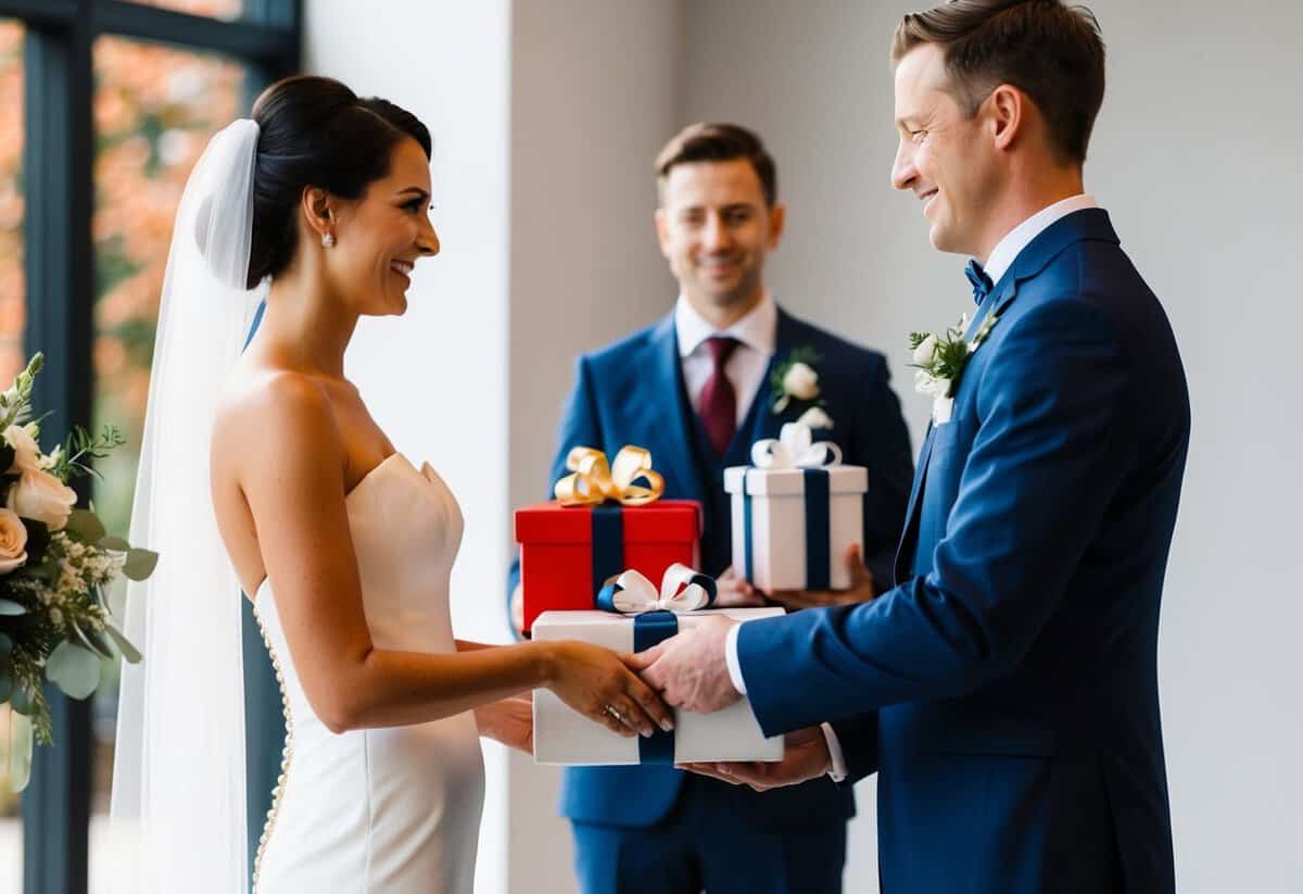 A bride and groom exchange gifts symbolizing their love and commitment in a modern wedding ceremony