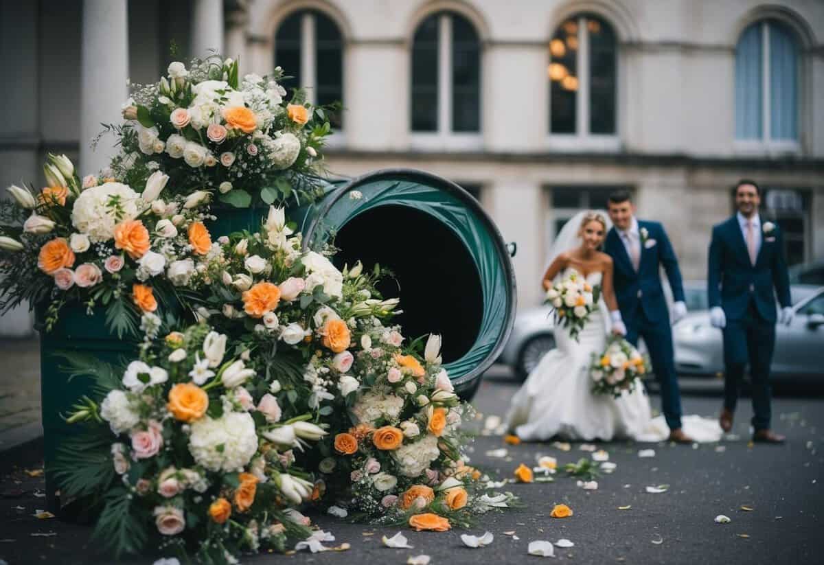 A wedding scene with extravagant floral arrangements being thrown in the trash