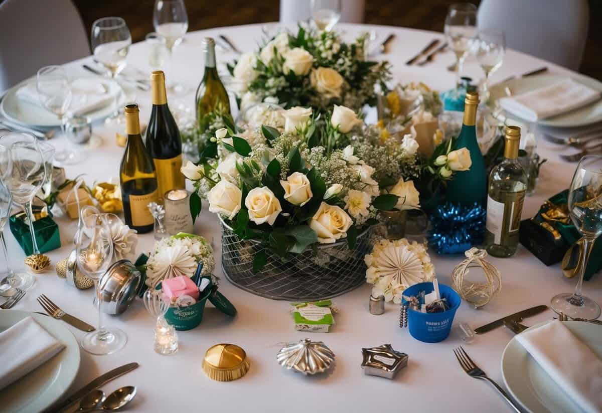 A table overflowing with unnecessary wedding extras, from expensive centerpieces to extravagant party favors, surrounded by a wastebasket filled with discarded items
