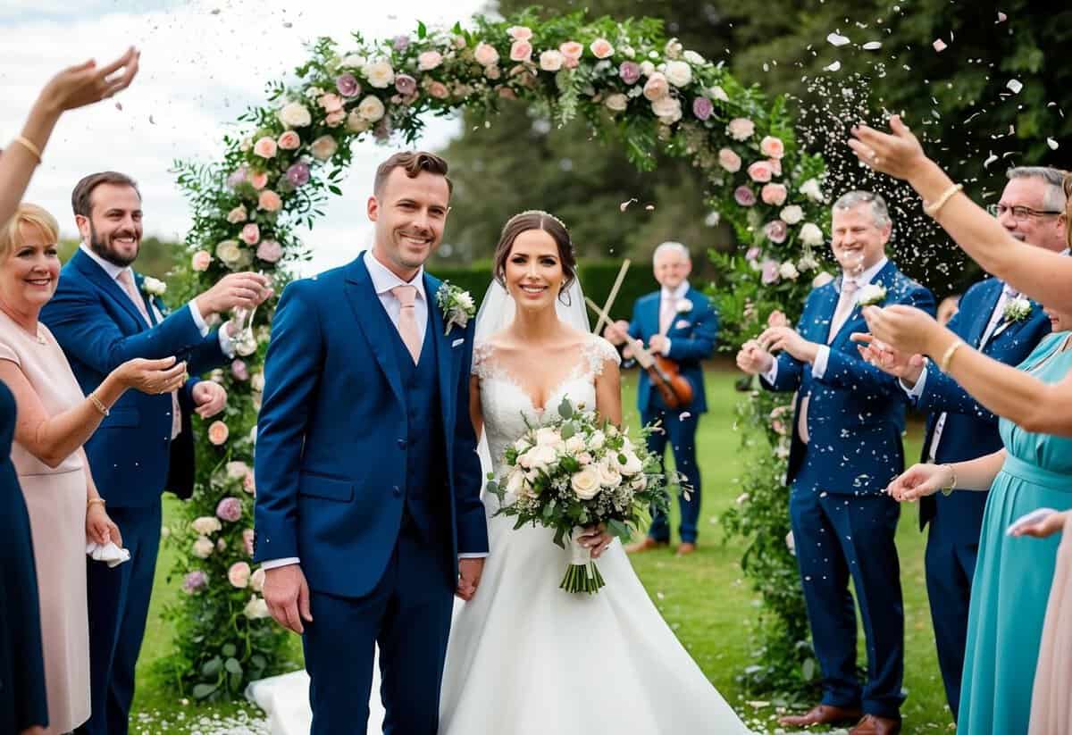 A bride and groom standing beneath a floral arch, surrounded by guests throwing confetti. A string quartet plays in the background as the couple smiles