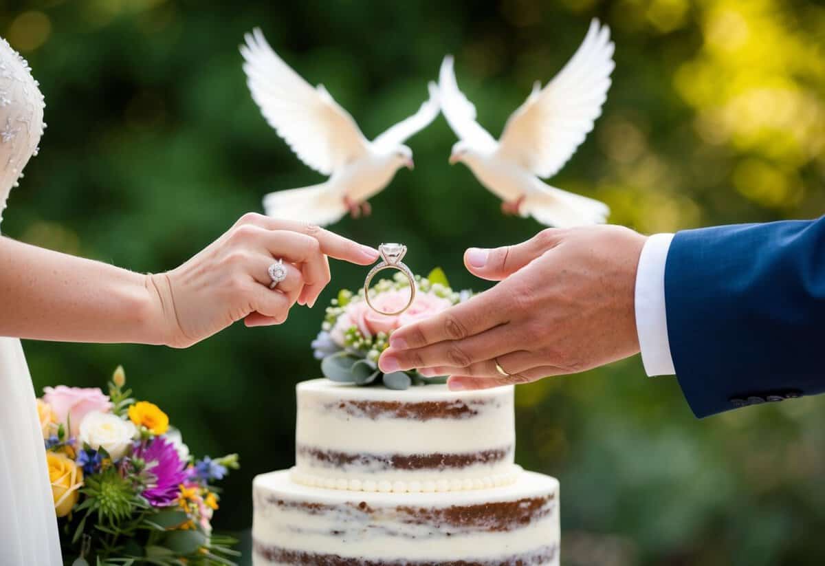 A wedding ring being exchanged between two hands, a bouquet of flowers, a tiered wedding cake, and a pair of doves flying overhead
