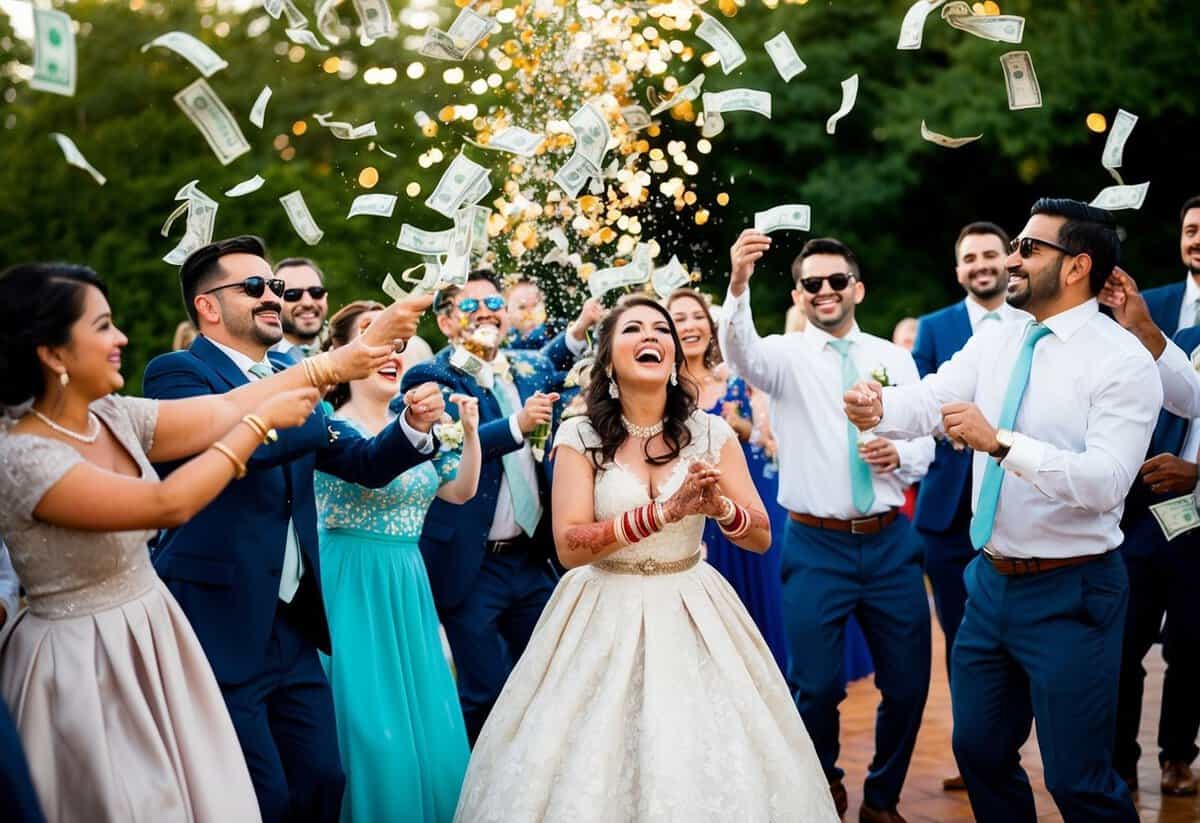 Guests showering the newlyweds with money as they dance in celebration, bills and coins fluttering through the air in a joyful display of tradition