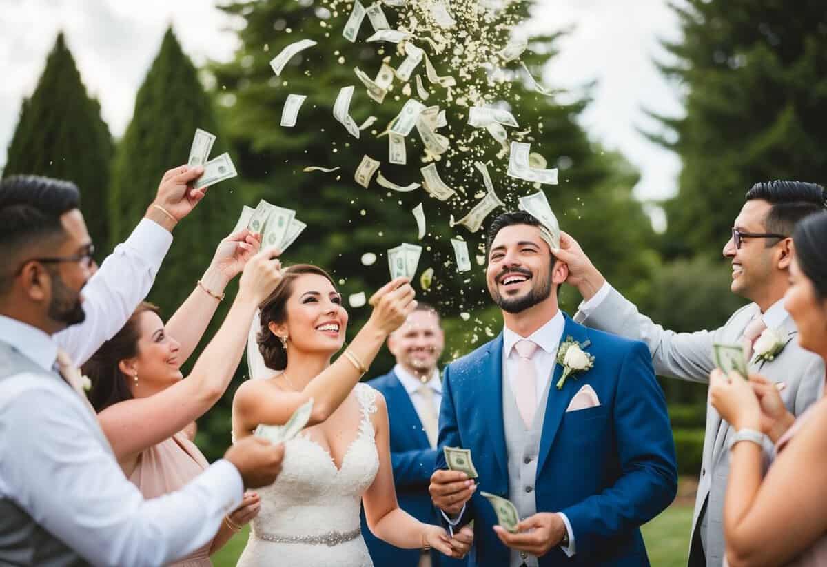 Guests showering the couple with money as a symbol of prosperity and good fortune at a wedding