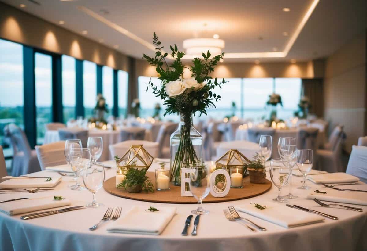 A modern wedding venue with eco-friendly decorations and personalized favors