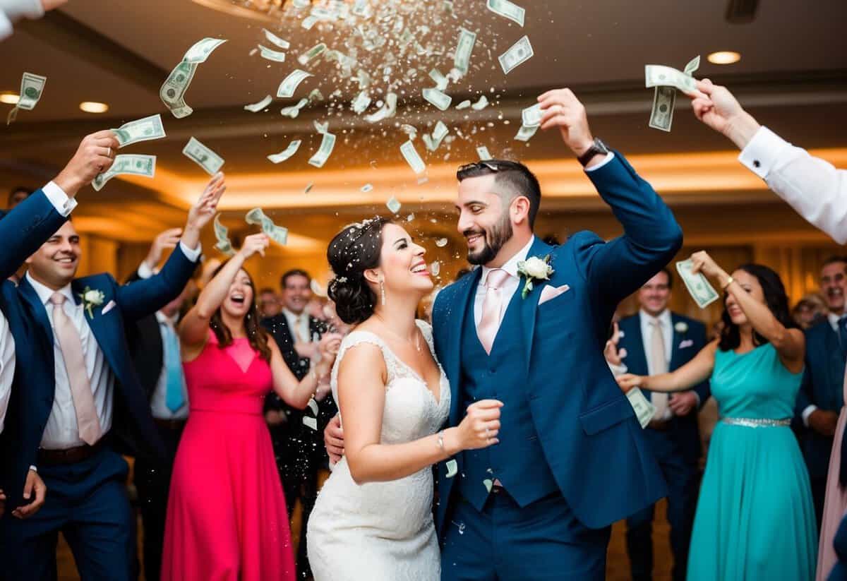 Guests showering the couple with money as they dance in celebration at a wedding