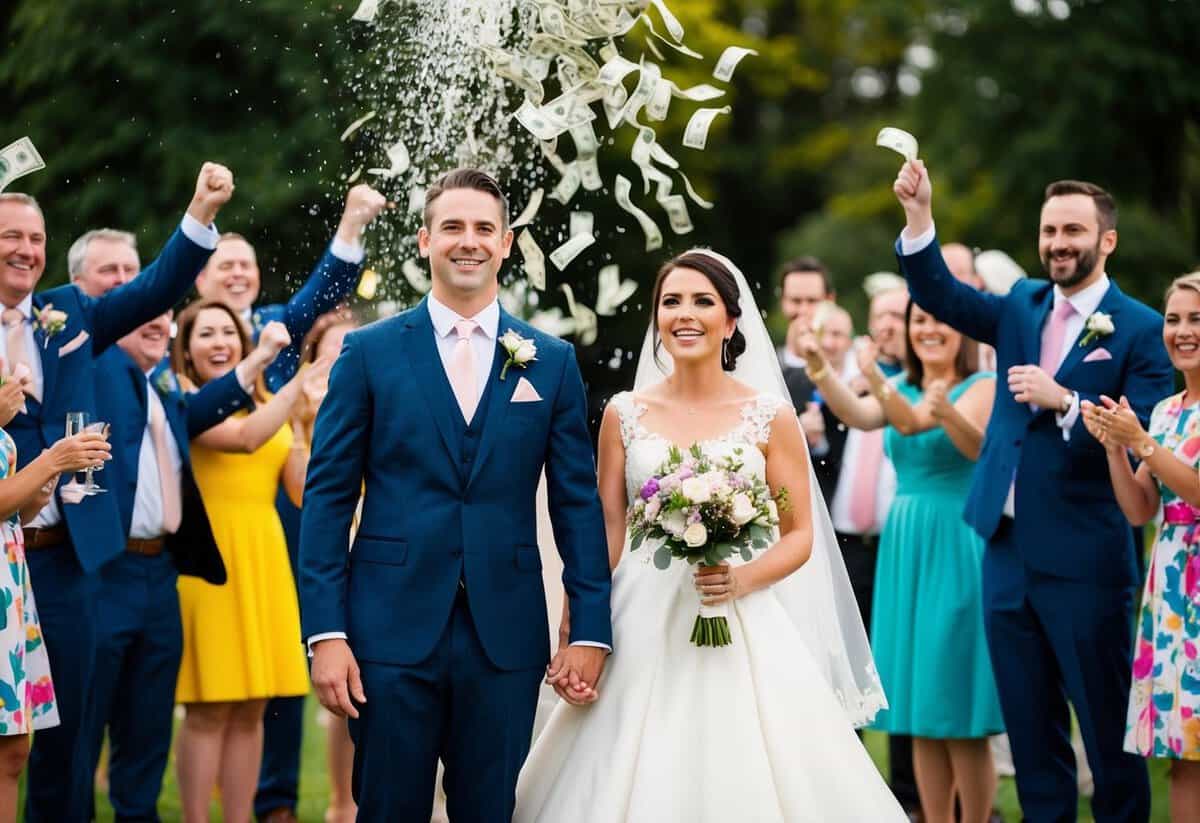 A bride and groom stand under a shower of money, surrounded by cheering guests and colorful decorations at a modern wedding