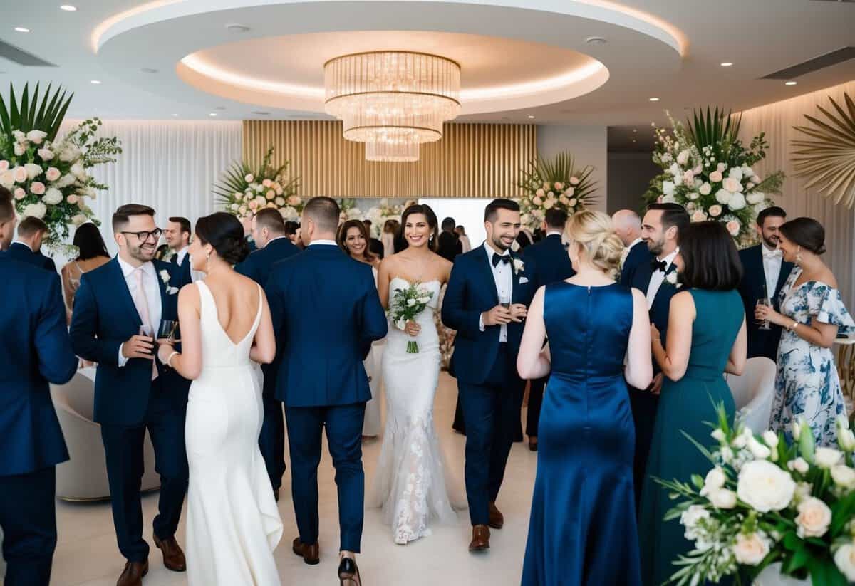 A group of wedding guests in elegant attire mingle and socialize at a modern, luxurious venue adorned with chic decor and stylish floral arrangements