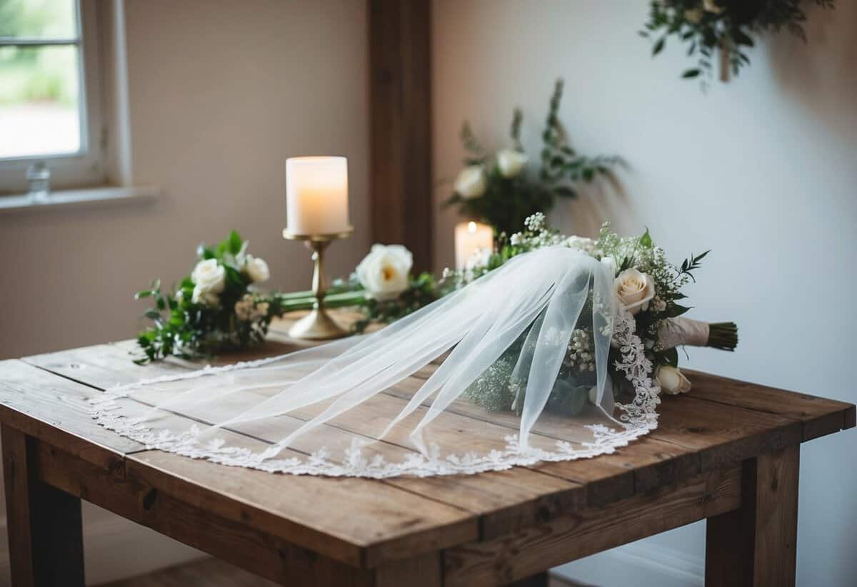A bride's veil lies abandoned on a rustic wooden table, overshadowed by modern bridal accessories and decor