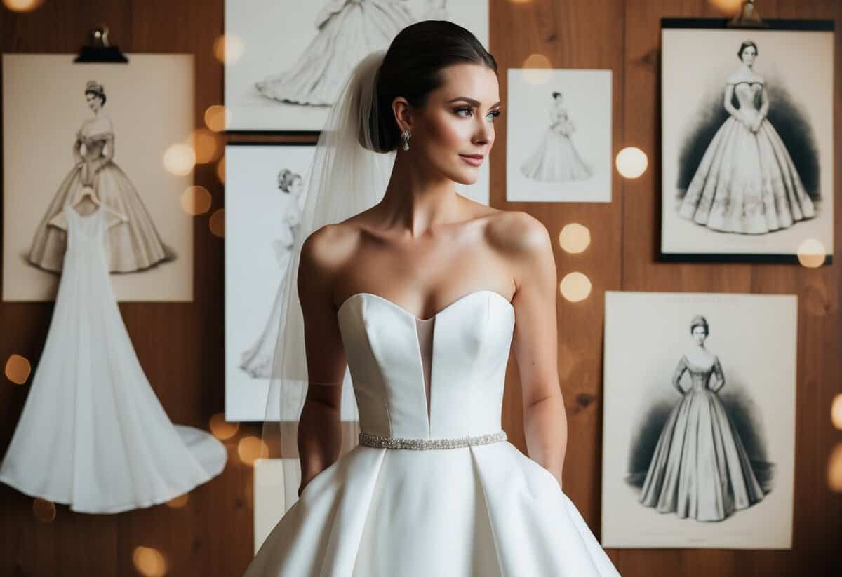 A bride in a modern, strapless gown with a sleek updo and no veil, surrounded by historical bridal fashion sketches