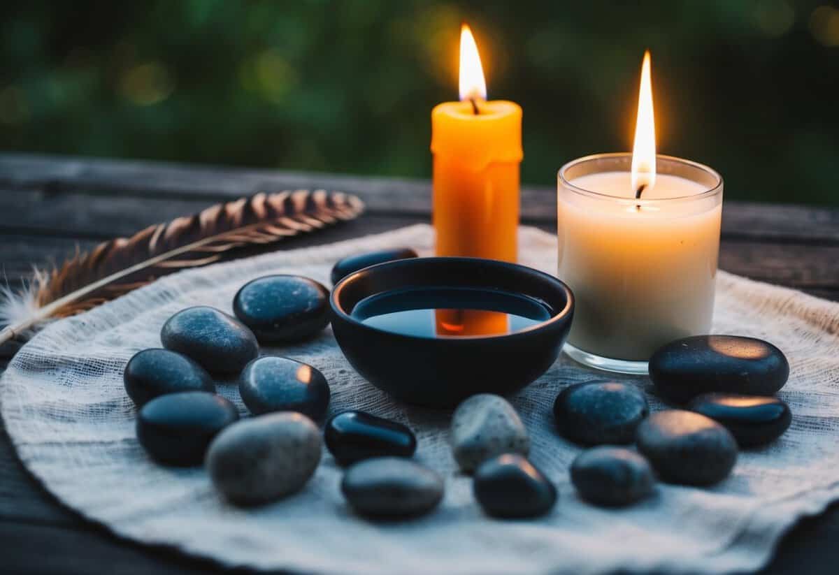 A circle of stones, a burning candle, a bowl of water, and a feather on a cloth
