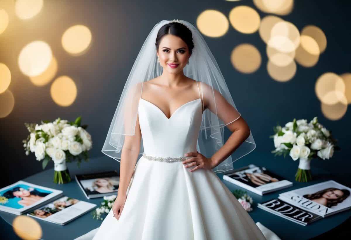 A bride stands confidently without a veil, surrounded by modern wedding accessories and fashion magazines