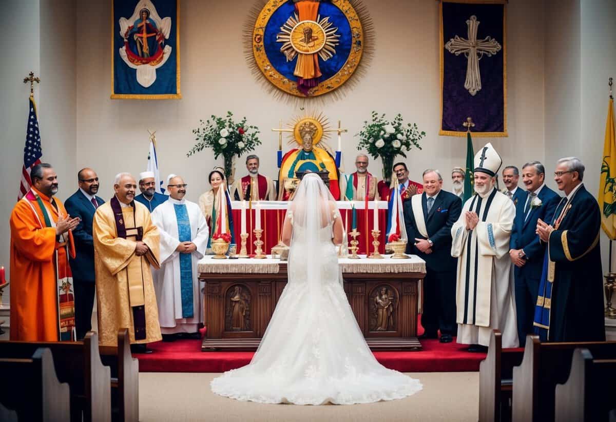 A bride stands before an altar adorned with symbols of various religions and cultures. She is unveiled, surrounded by diverse religious and cultural representatives