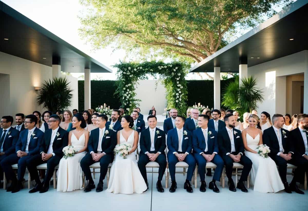 Wedding guests seated in a modern, open-air venue, surrounded by lush greenery and elegant, minimalist decor. A blend of traditional and contemporary elements creates a sophisticated and stylish atmosphere