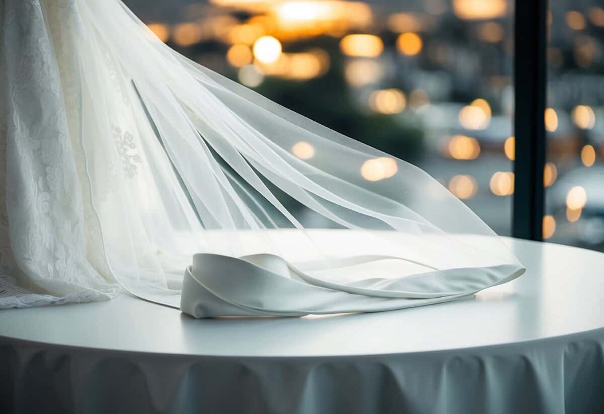 A bride's veil lies discarded on a table, overlooked in favor of a modern, veil-less wedding gown