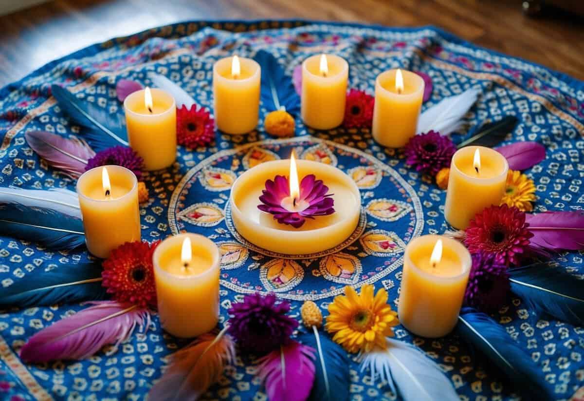 A circle of candles, feathers, flowers, and incense arranged on a patterned cloth