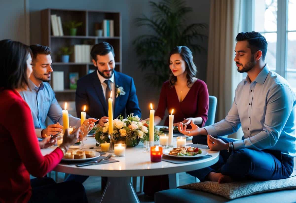 A family gathering around a dinner table, lighting candles and sharing a meal together. A bride and groom exchanging vows at a wedding ceremony. Friends gathering for a weekly game night. A person meditating alone in a peaceful setting