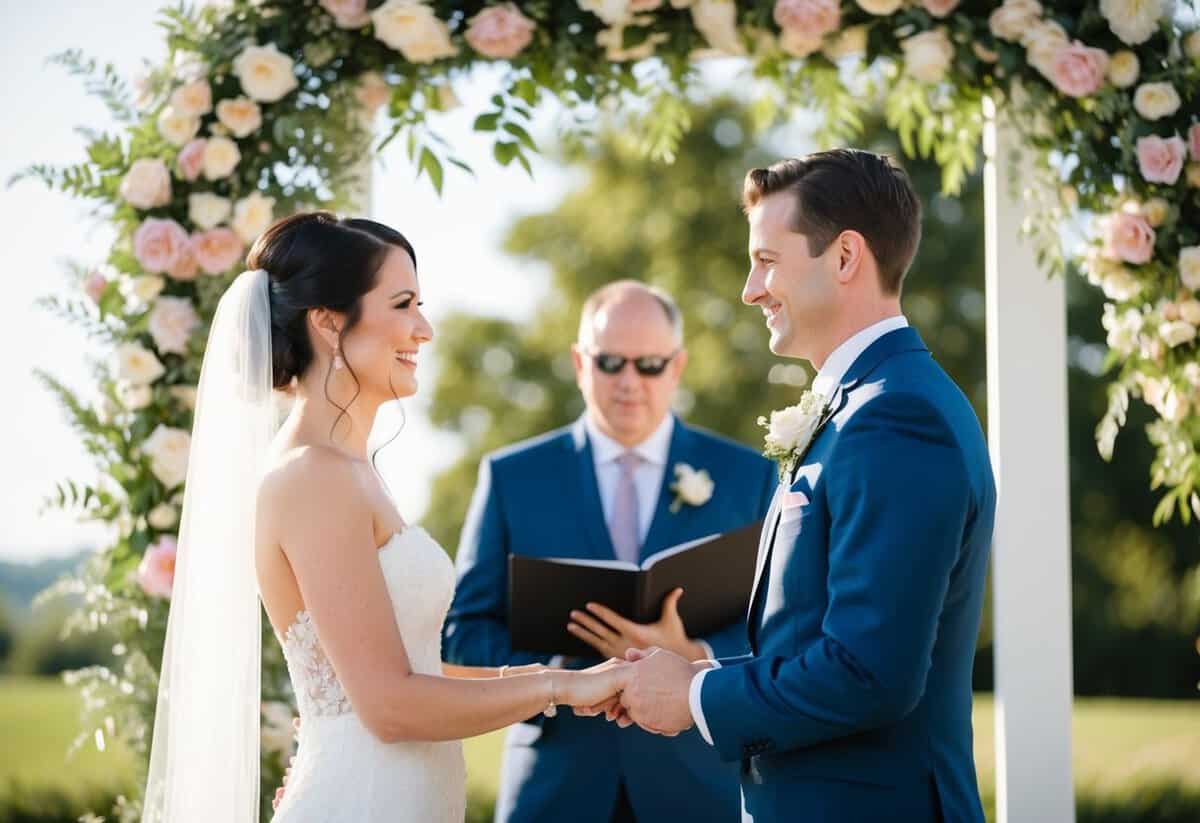 A bride and groom exchanging vows under a floral arch on a sunny afternoon
