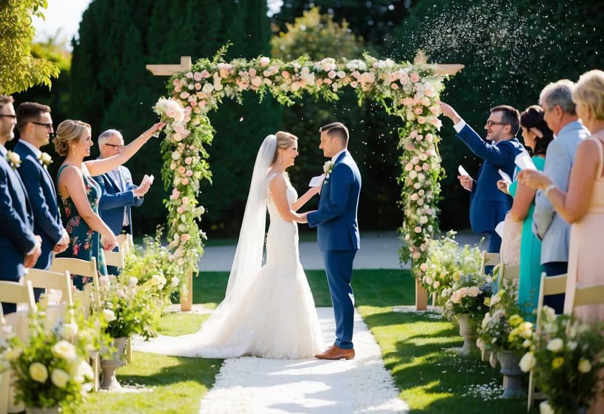 A bride and groom exchange vows under a floral arch in a sunlit garden. Guests throw rice as the couple walks down a path lined with blooming flowers