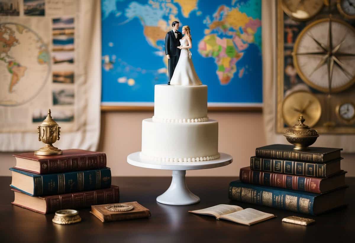 A wedding cake topper surrounded by books, maps, and artifacts from different cultures and historical periods