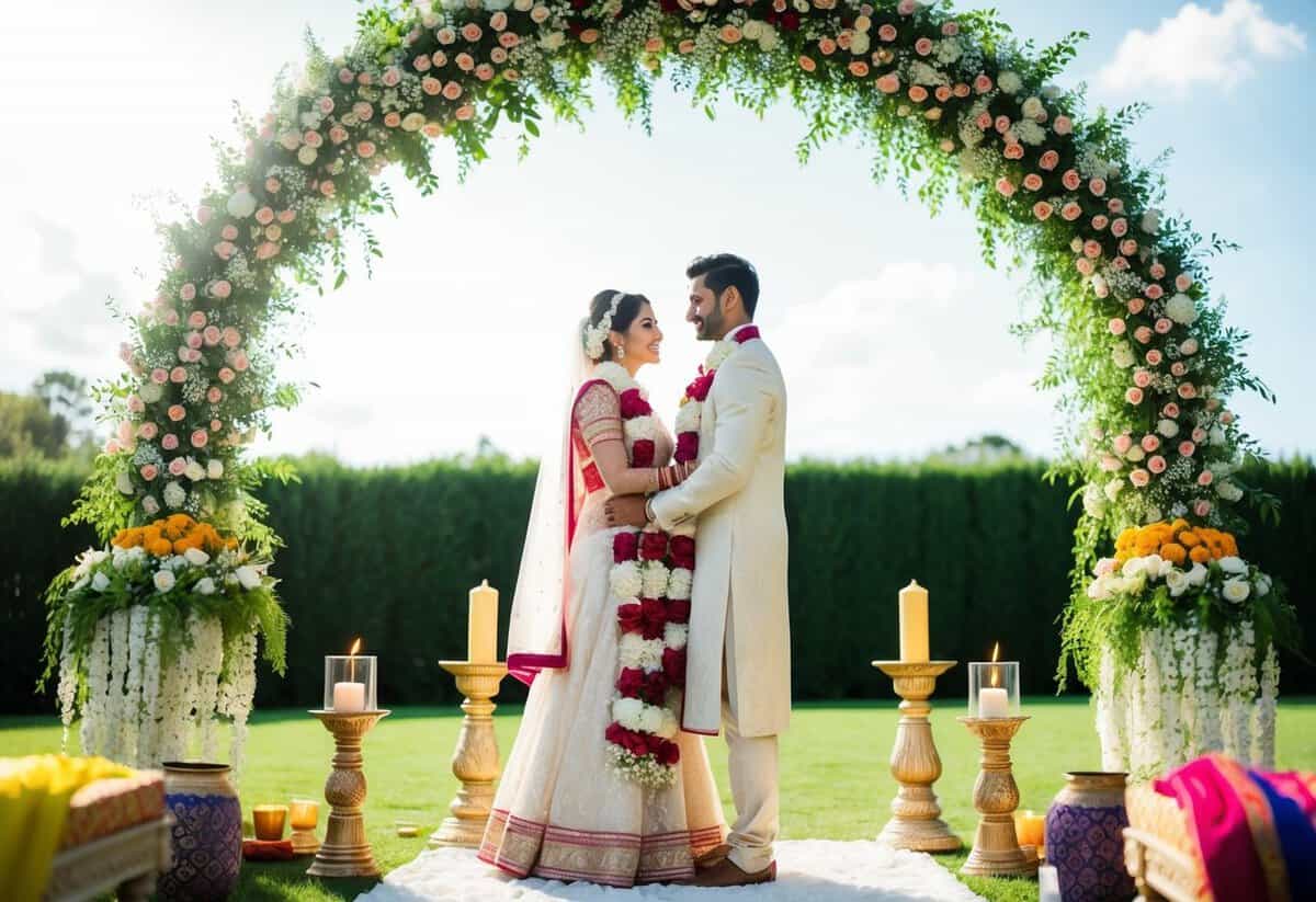 A bride and groom standing under a floral arch on a sunny day, surrounded by traditional wedding symbols such as henna, candles, and colorful fabrics