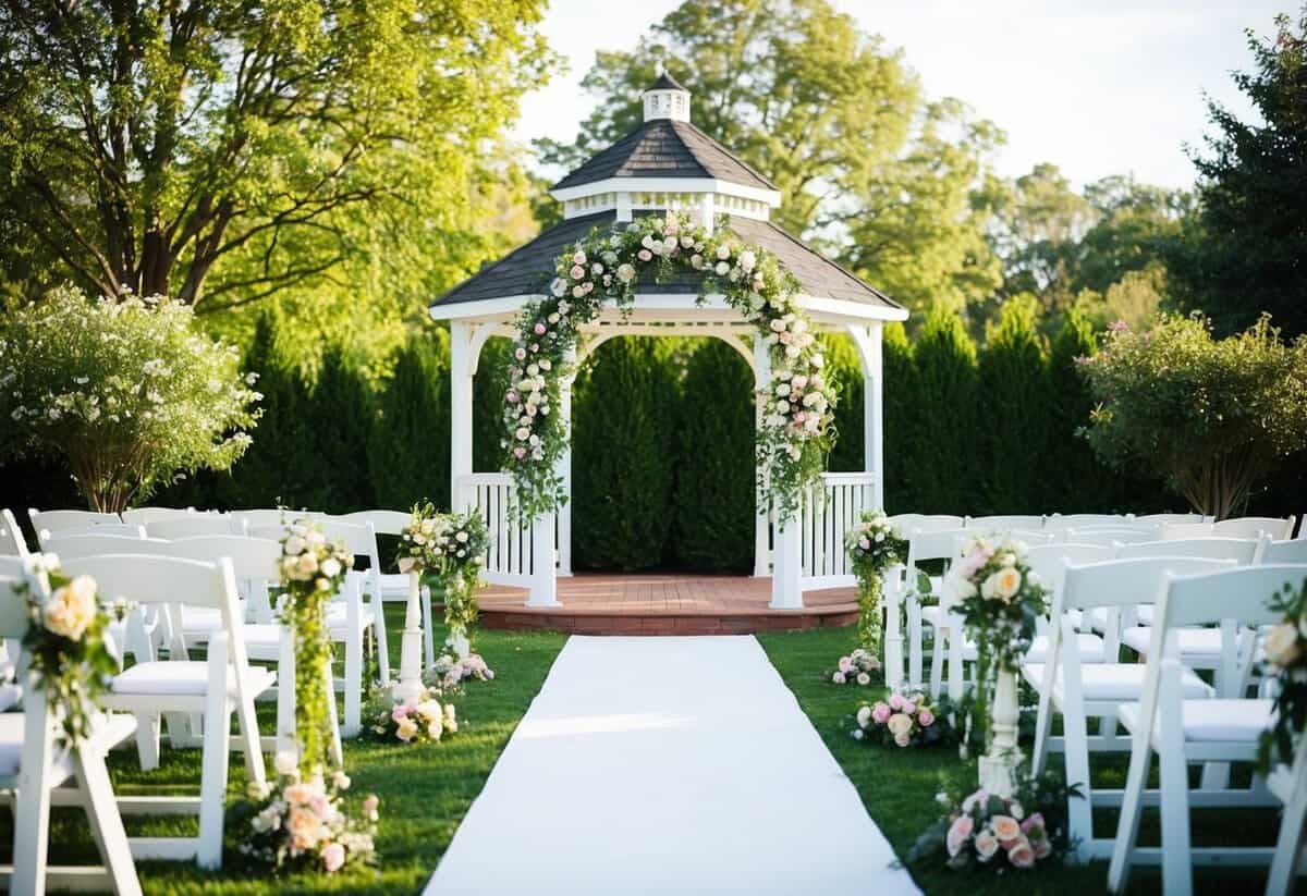 A sunny outdoor wedding ceremony with a floral arch and a white gazebo surrounded by greenery and blooming flowers