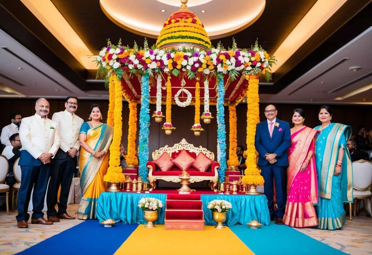 A colorful wedding mandap decorated with flowers and traditional symbols, surrounded by family and friends