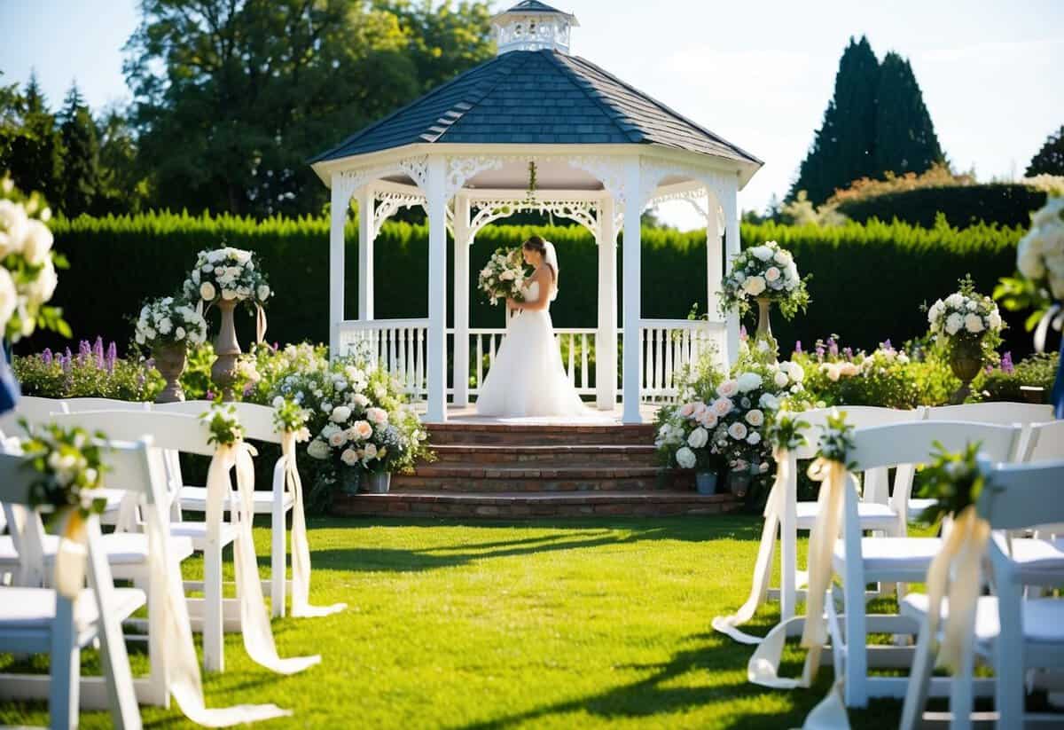 A sunny afternoon wedding ceremony in a picturesque garden with blooming flowers and a gazebo adorned with ribbons and lace