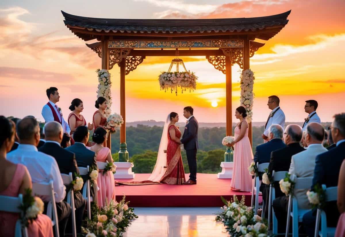A traditional wedding ceremony takes place at sunset, with a vibrant sky and a serene landscape as the backdrop