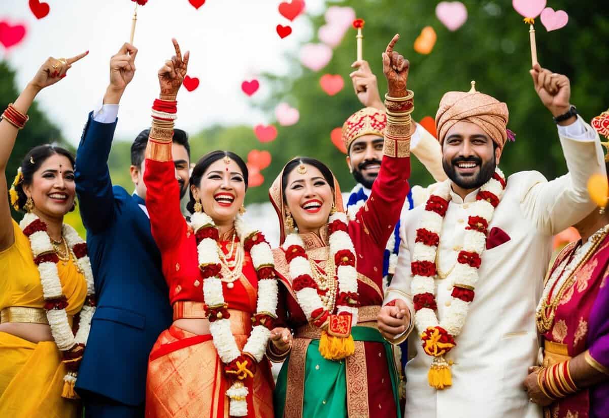 A joyful couple from various cultures celebrate their happy marriages with traditional customs and symbols of love and unity