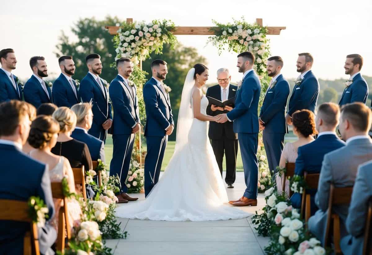 A traditional wedding ceremony set in the late afternoon, with the groomsmen and bridesmaids in formal attire, and a flower-adorned altar