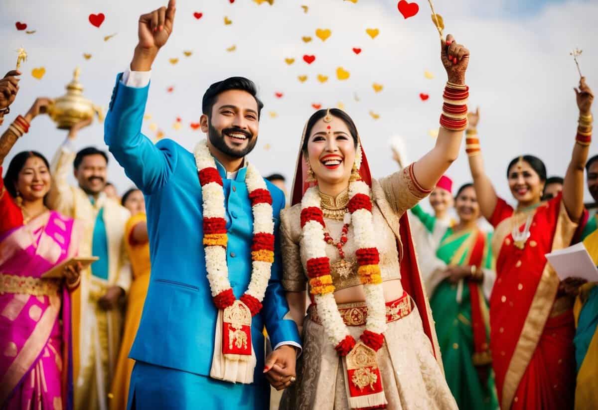 A joyful couple from a variety of cultures celebrating their happy marriages with traditional customs and symbols