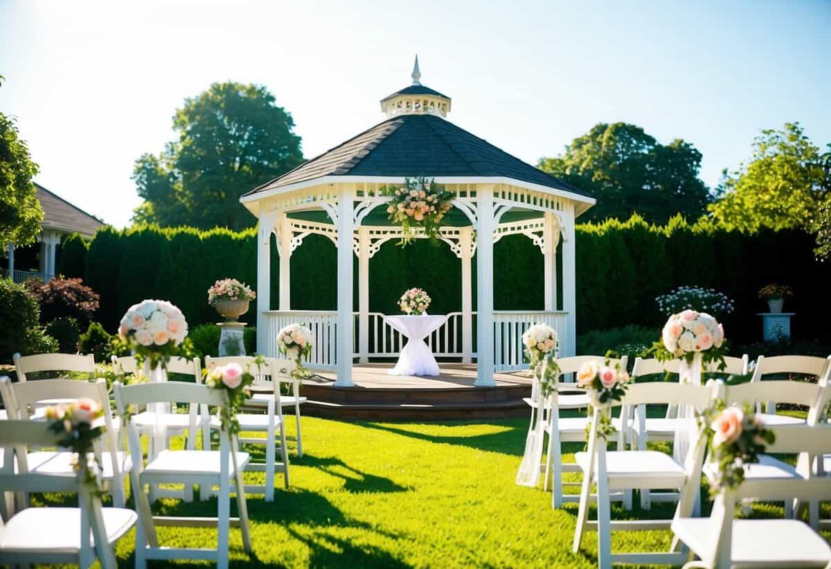 A bright, sunny afternoon in a garden with a gazebo decorated for a wedding ceremony. Flowers, chairs, and an archway are set up for the traditional midday nuptials