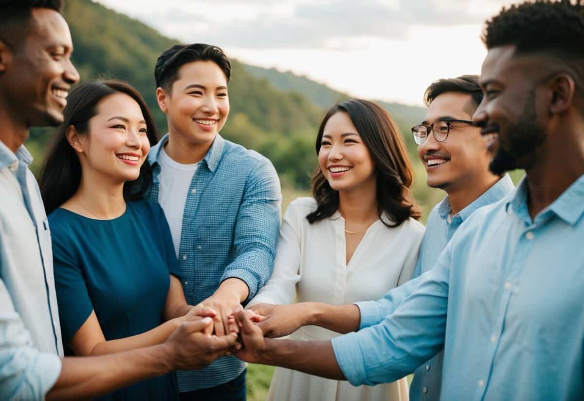 A diverse group of couples from different cultures smiling and holding hands in a peaceful, scenic setting