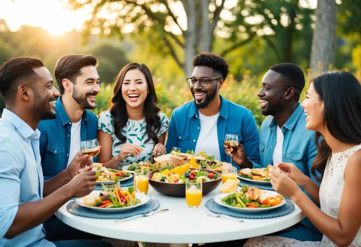 A diverse group of couples from various cultures laughing and enjoying a meal together in a beautiful outdoor setting