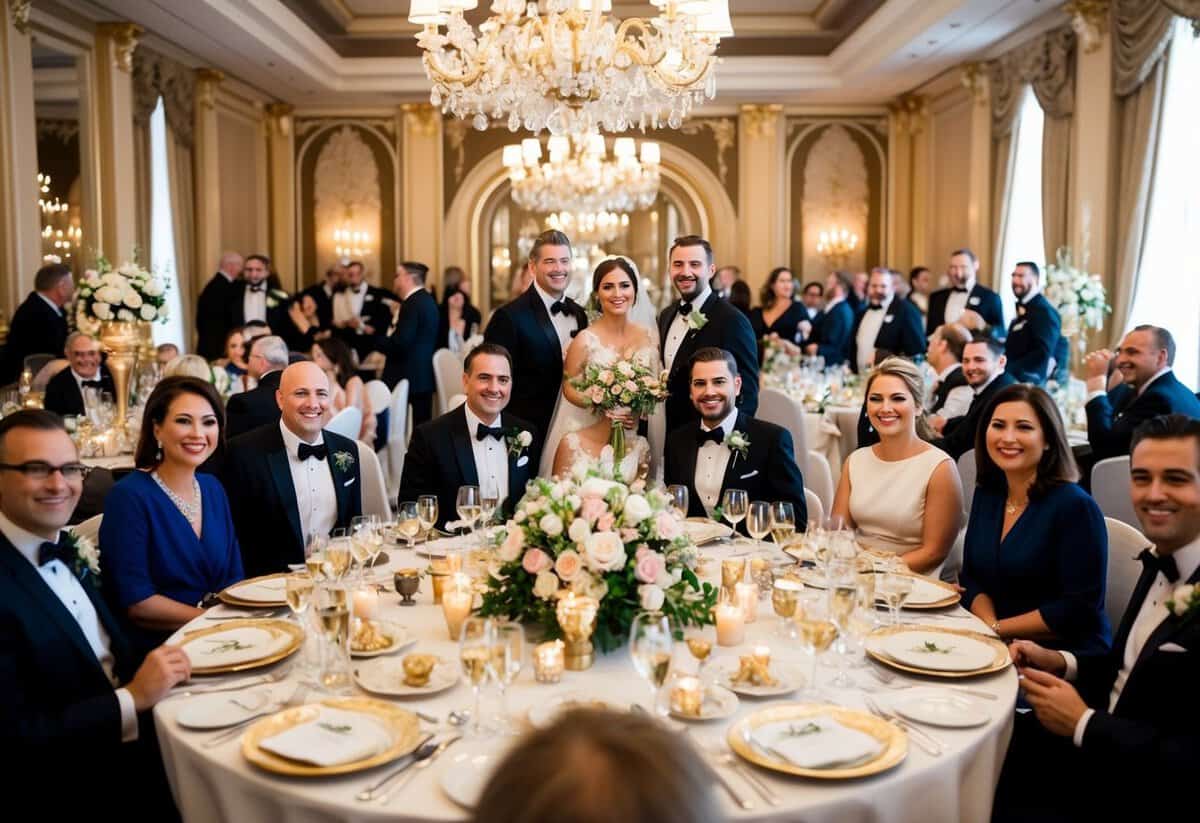 A lavish wedding banquet with ornate decorations and floral centerpieces, surrounded by elegantly dressed guests celebrating the happy couple